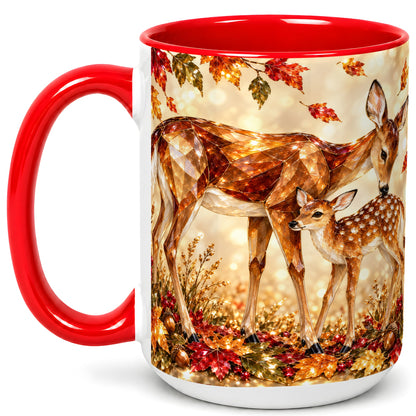 #pl[15oz|Red] Faceted Deer and Fawn Coffee Mug, Autumn Woodland Mug, Ceramic Cup