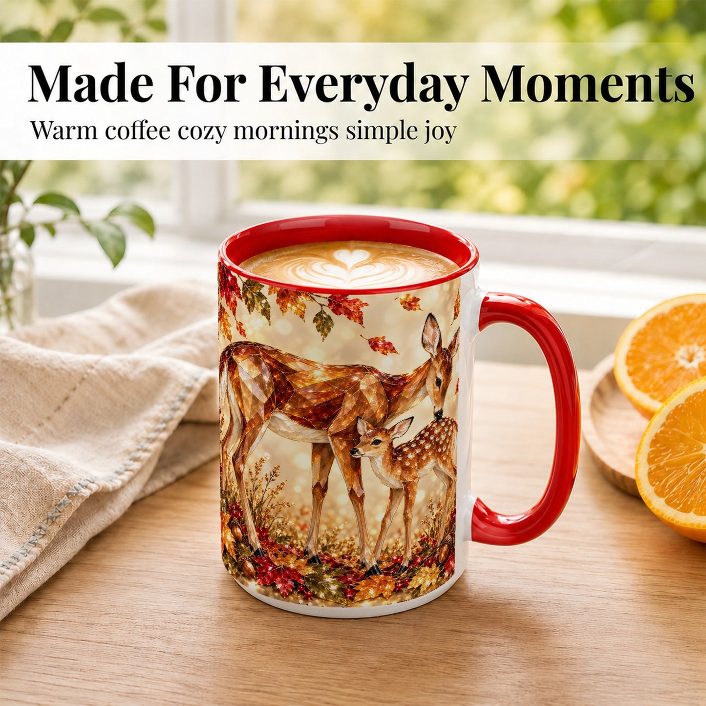 #pl[15oz|Red] Faceted Deer and Fawn Coffee Mug, Autumn Woodland Mug, Ceramic Cup