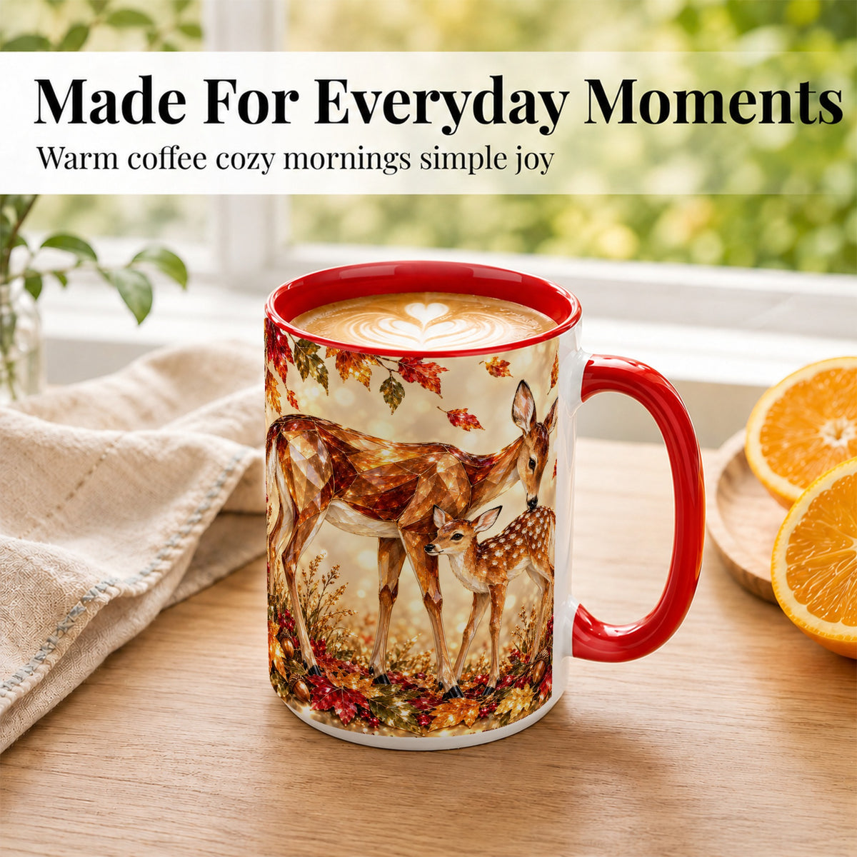 #pl[15oz|Red] Faceted Deer and Fawn Coffee Mug, Autumn Woodland Mug, Ceramic Cup