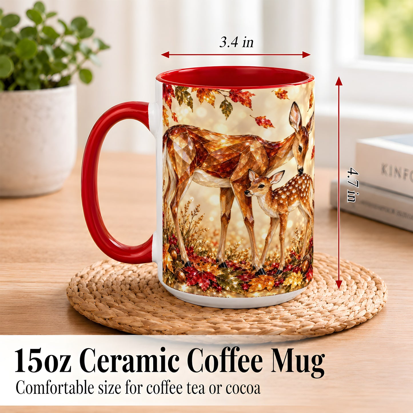 #pl[15oz|Red] Faceted Deer and Fawn Coffee Mug, Autumn Woodland Mug, Ceramic Cup