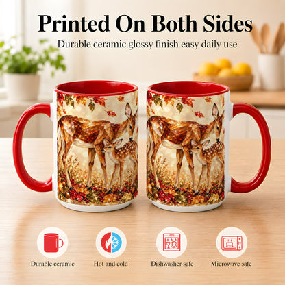 #pl[15oz|Red] Faceted Deer and Fawn Coffee Mug, Autumn Woodland Mug, Ceramic Cup