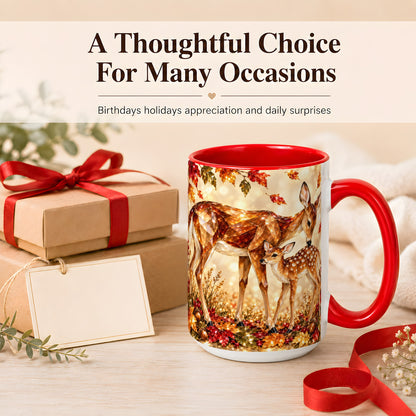 #pl[15oz|Red] Faceted Deer and Fawn Coffee Mug, Autumn Woodland Mug, Ceramic Cup