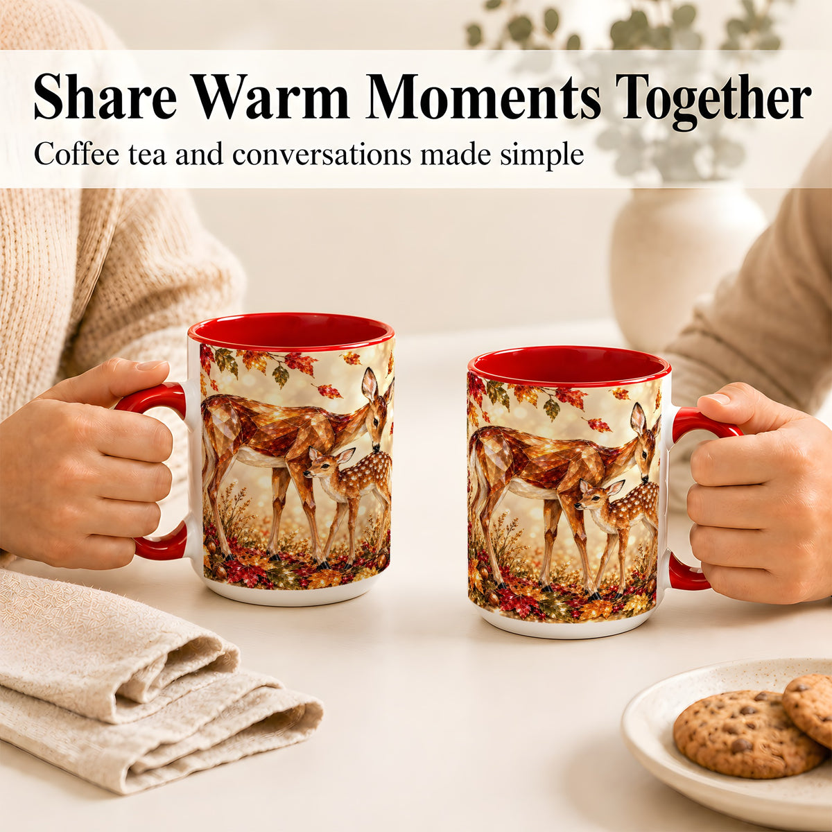 #pl[15oz|Red] Faceted Deer and Fawn Coffee Mug, Autumn Woodland Mug, Ceramic Cup