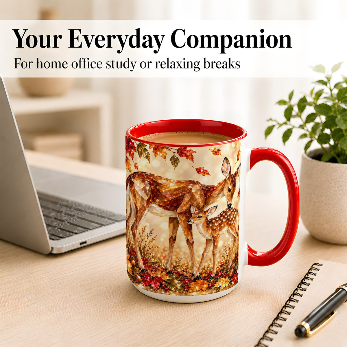 #pl[15oz|Red] Faceted Deer and Fawn Coffee Mug, Autumn Woodland Mug, Ceramic Cup