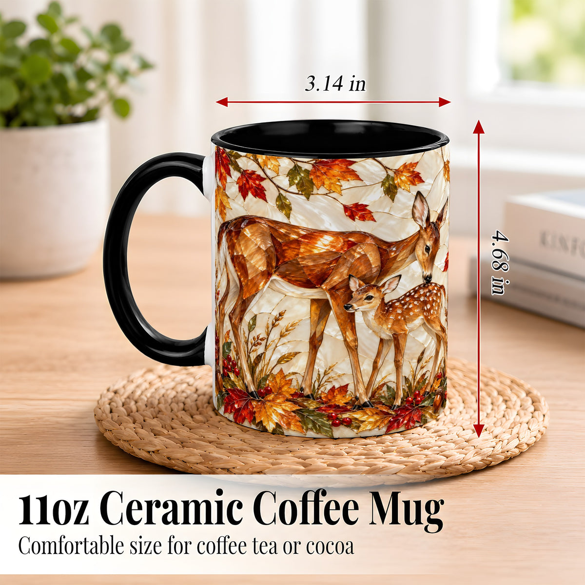 #pl[11oz|Black] Stained Glass Deer Coffee Mug, Doe Fawn Fall Mug, Ceramic Cup
