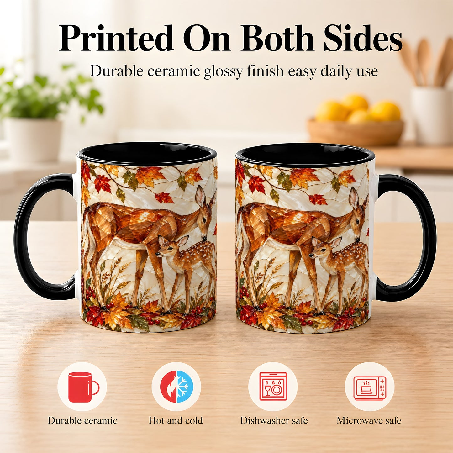 #pl[11oz|Black] Stained Glass Deer Coffee Mug, Doe Fawn Fall Mug, Ceramic Cup