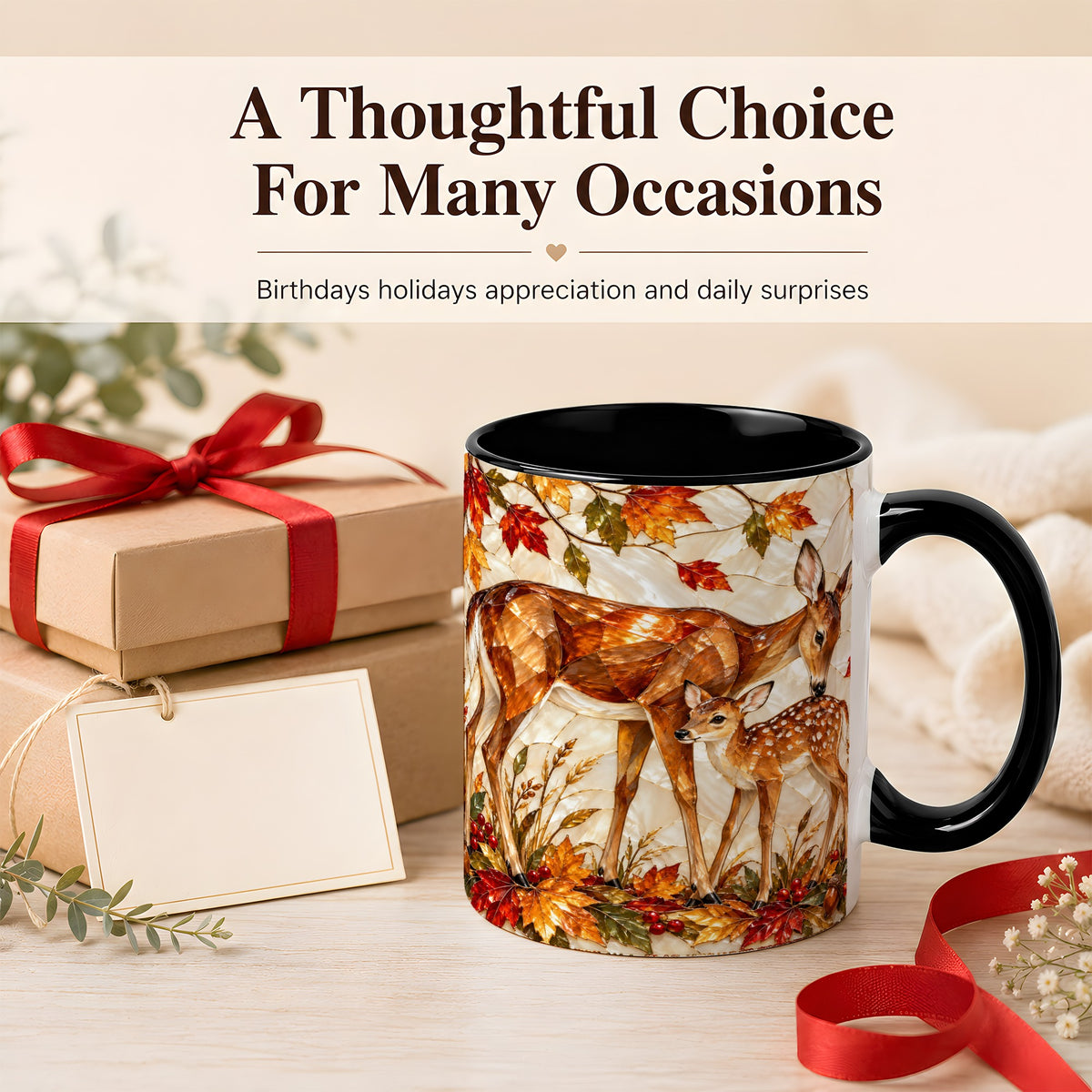 #pl[11oz|Black] Stained Glass Deer Coffee Mug, Doe Fawn Fall Mug, Ceramic Cup