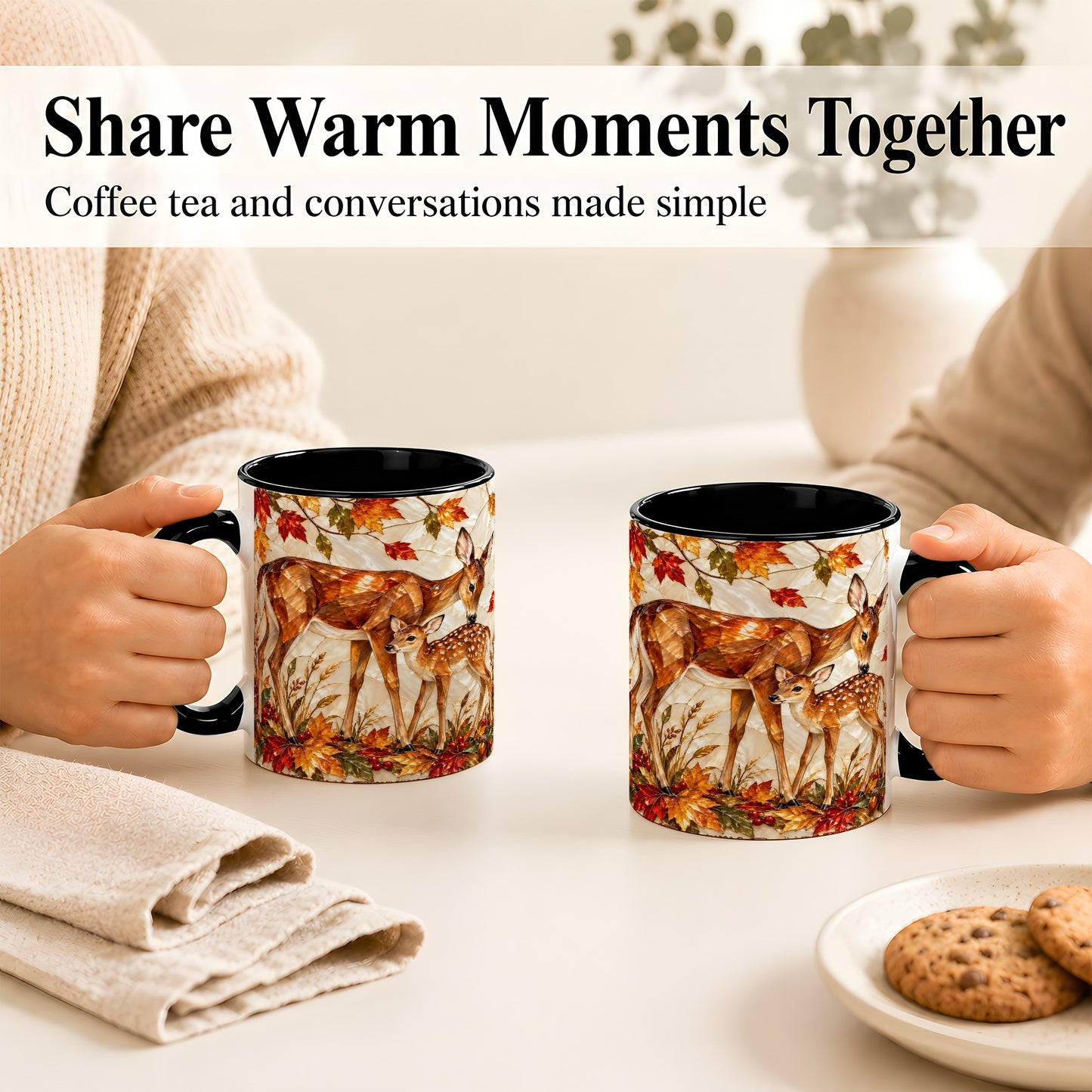#pl[11oz|Black] Stained Glass Deer Coffee Mug, Doe Fawn Fall Mug, Ceramic Cup