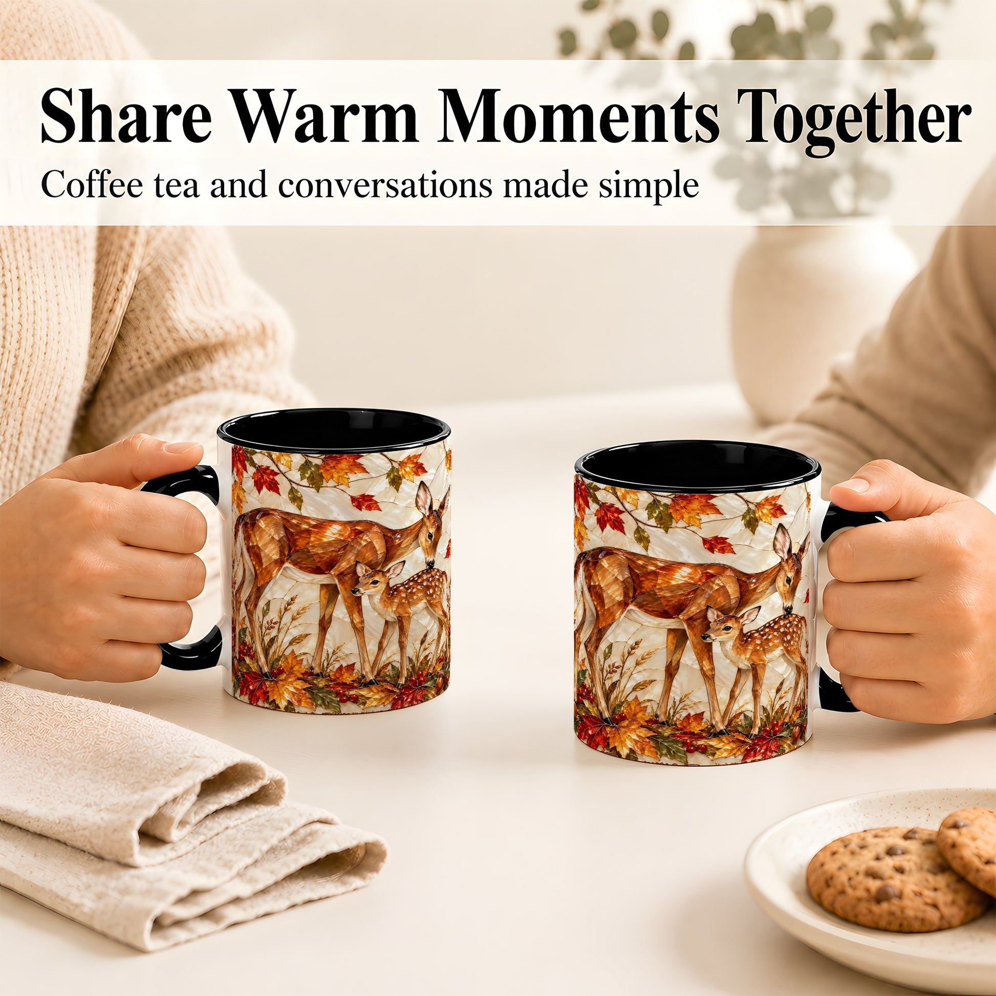 #pl[11oz|Black] Stained Glass Deer Coffee Mug, Doe Fawn Fall Mug, Ceramic Cup