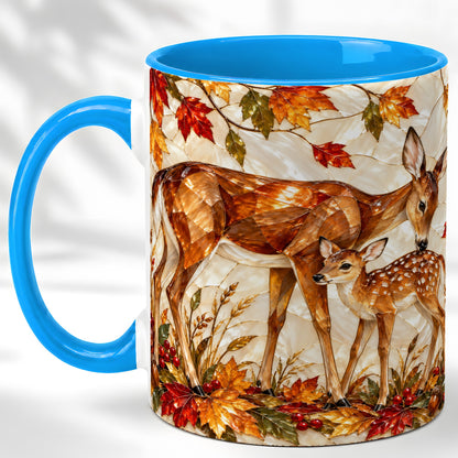 #pl[11oz|Blue] Stained Glass Deer Coffee Mug, Doe Fawn Fall Mug, Ceramic Cup