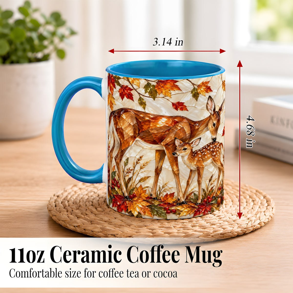 #pl[11oz|Blue] Stained Glass Deer Coffee Mug, Doe Fawn Fall Mug, Ceramic Cup