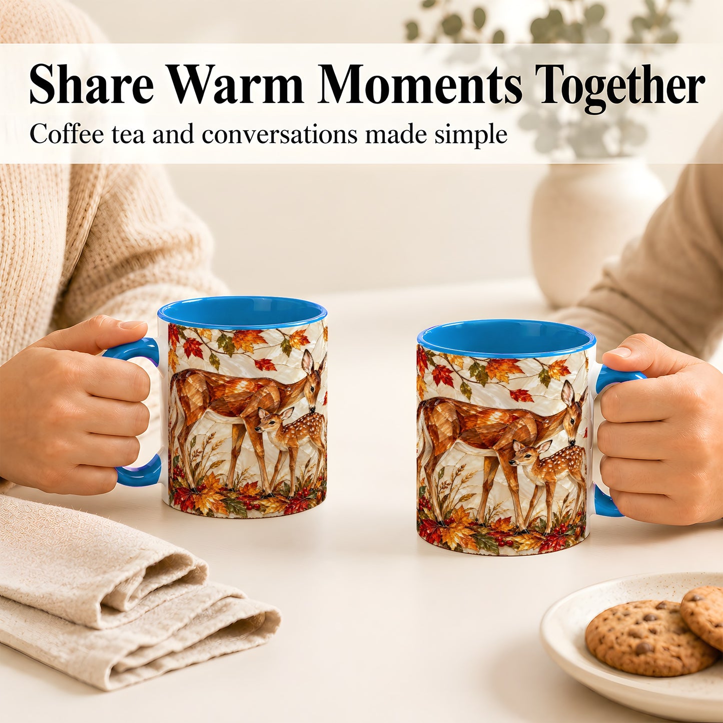 #pl[11oz|Blue] Stained Glass Deer Coffee Mug, Doe Fawn Fall Mug, Ceramic Cup