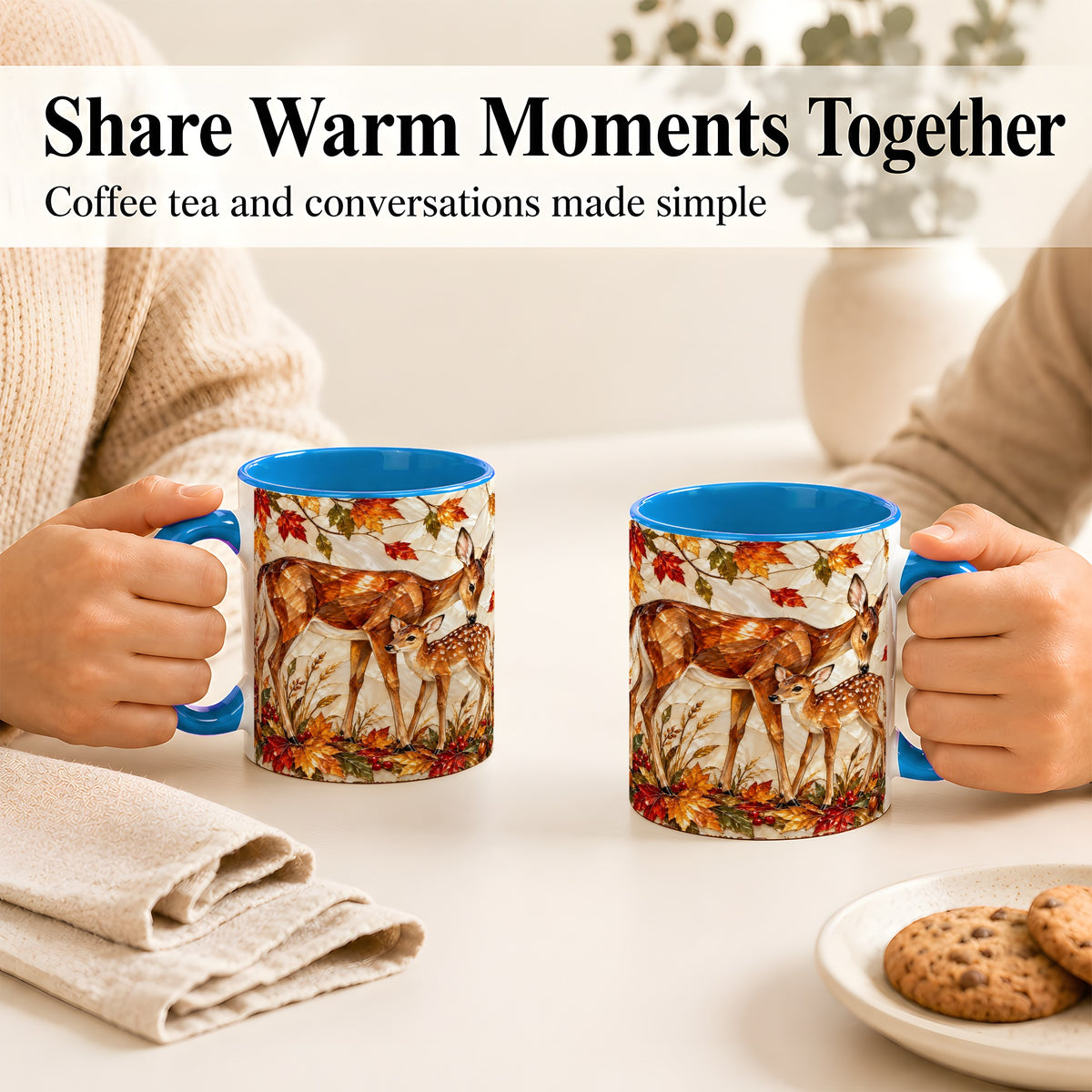#pl[11oz|Blue] Stained Glass Deer Coffee Mug, Doe Fawn Fall Mug, Ceramic Cup