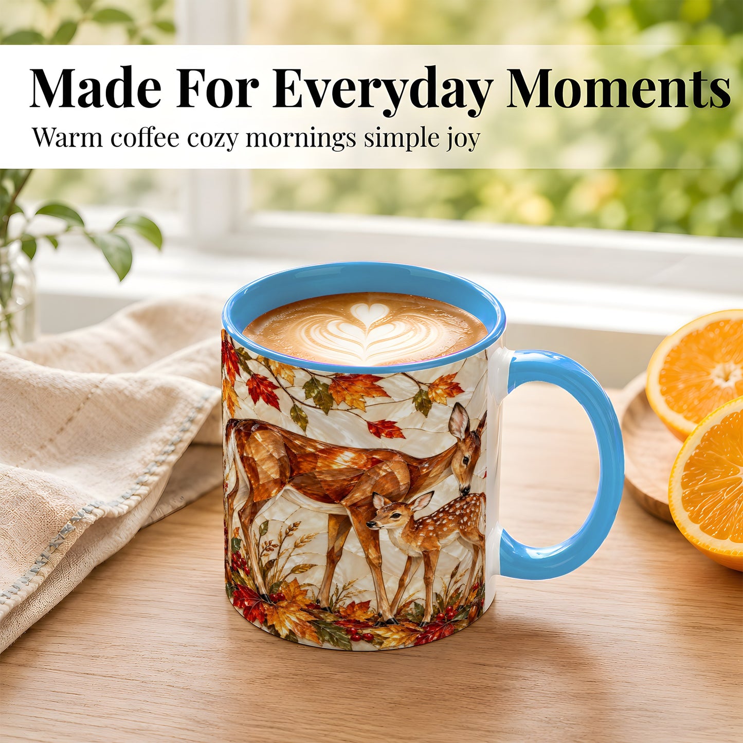 #pl[11oz|Blue] Stained Glass Deer Coffee Mug, Doe Fawn Fall Mug, Ceramic Cup