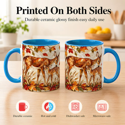 #pl[11oz|Blue] Stained Glass Deer Coffee Mug, Doe Fawn Fall Mug, Ceramic Cup