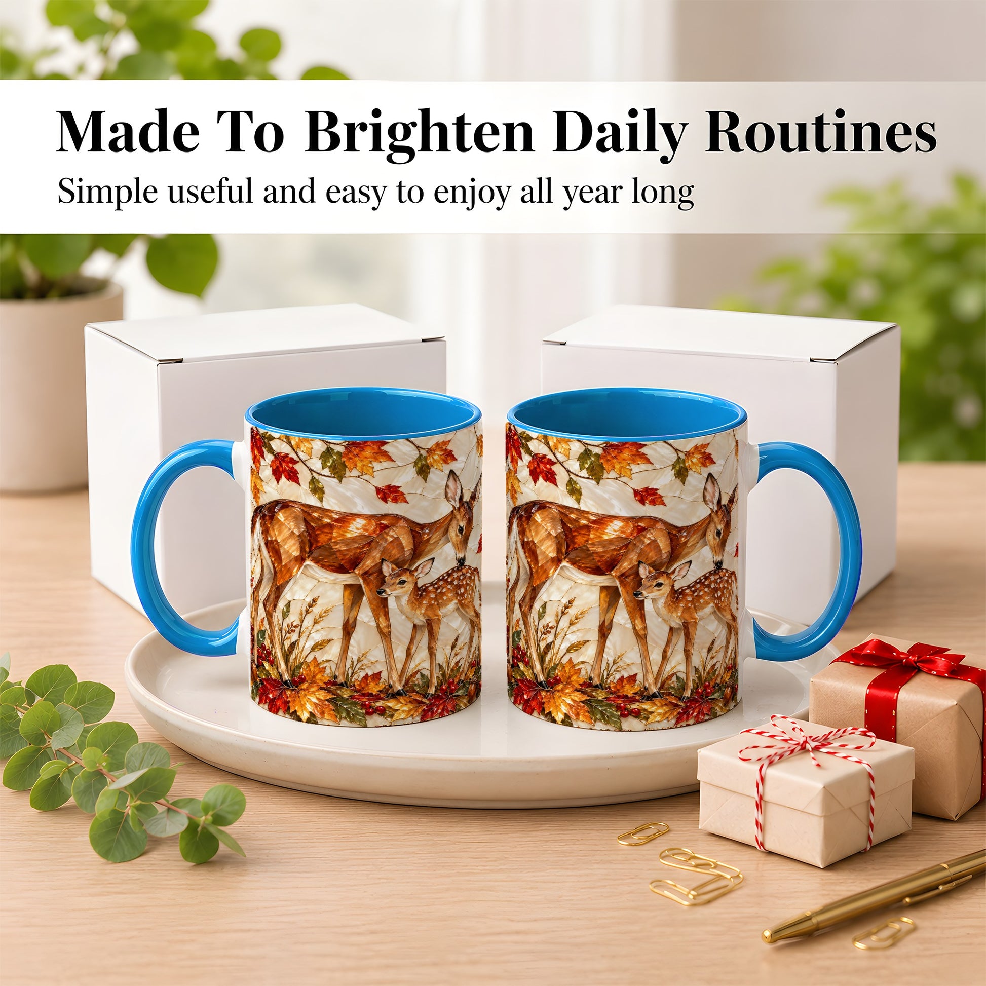 #pl[11oz|Blue] Stained Glass Deer Coffee Mug, Doe Fawn Fall Mug, Ceramic Cup