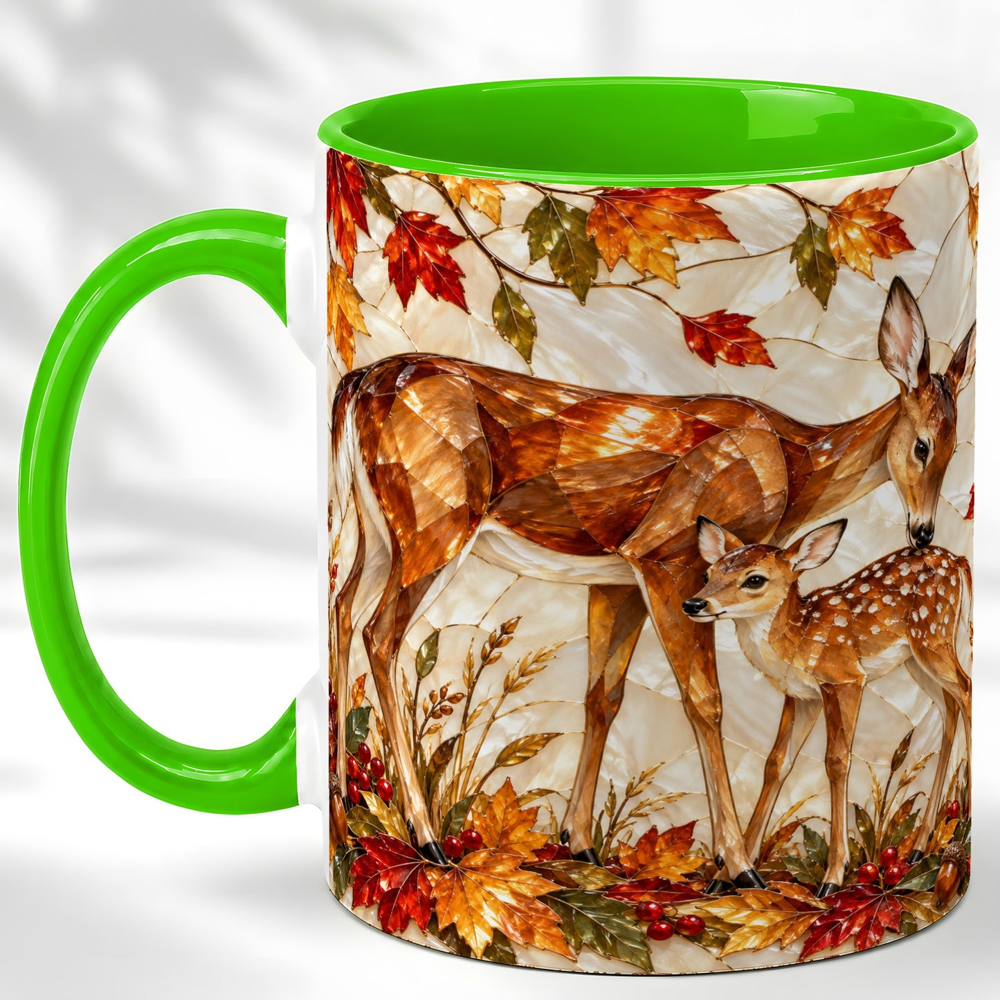 #pl[11oz|Green] Stained Glass Deer Coffee Mug, Doe Fawn Fall Mug, Ceramic Cup