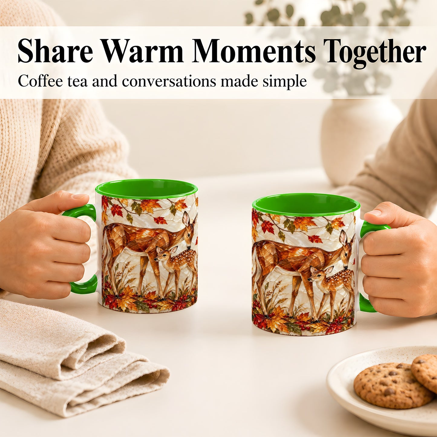 #pl[11oz|Green] Stained Glass Deer Coffee Mug, Doe Fawn Fall Mug, Ceramic Cup