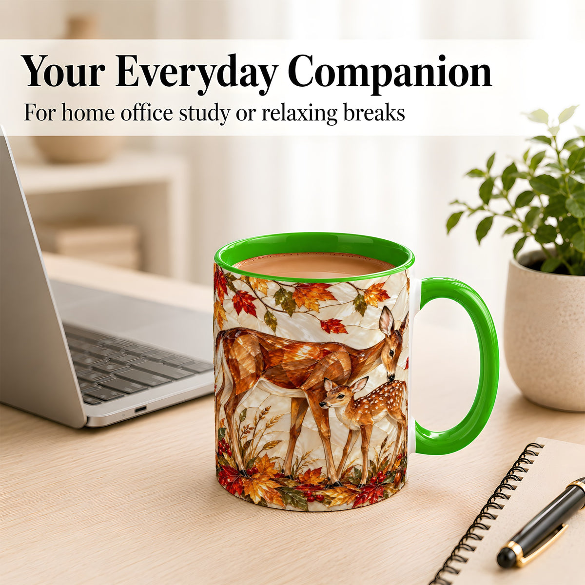 #pl[11oz|Green] Stained Glass Deer Coffee Mug, Doe Fawn Fall Mug, Ceramic Cup