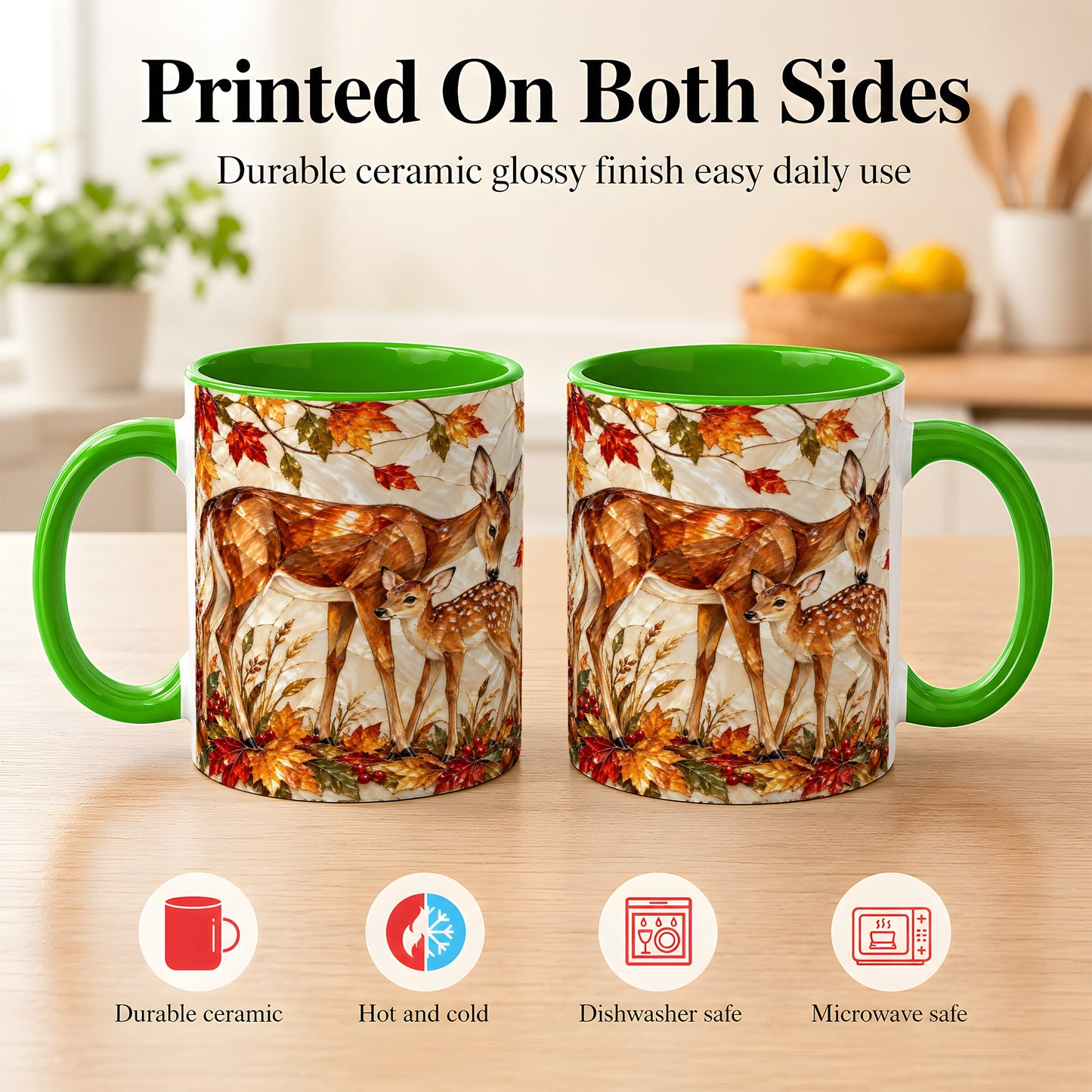#pl[11oz|Green] Stained Glass Deer Coffee Mug, Doe Fawn Fall Mug, Ceramic Cup
