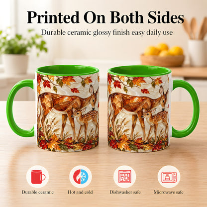 #pl[11oz|Green] Stained Glass Deer Coffee Mug, Doe Fawn Fall Mug, Ceramic Cup