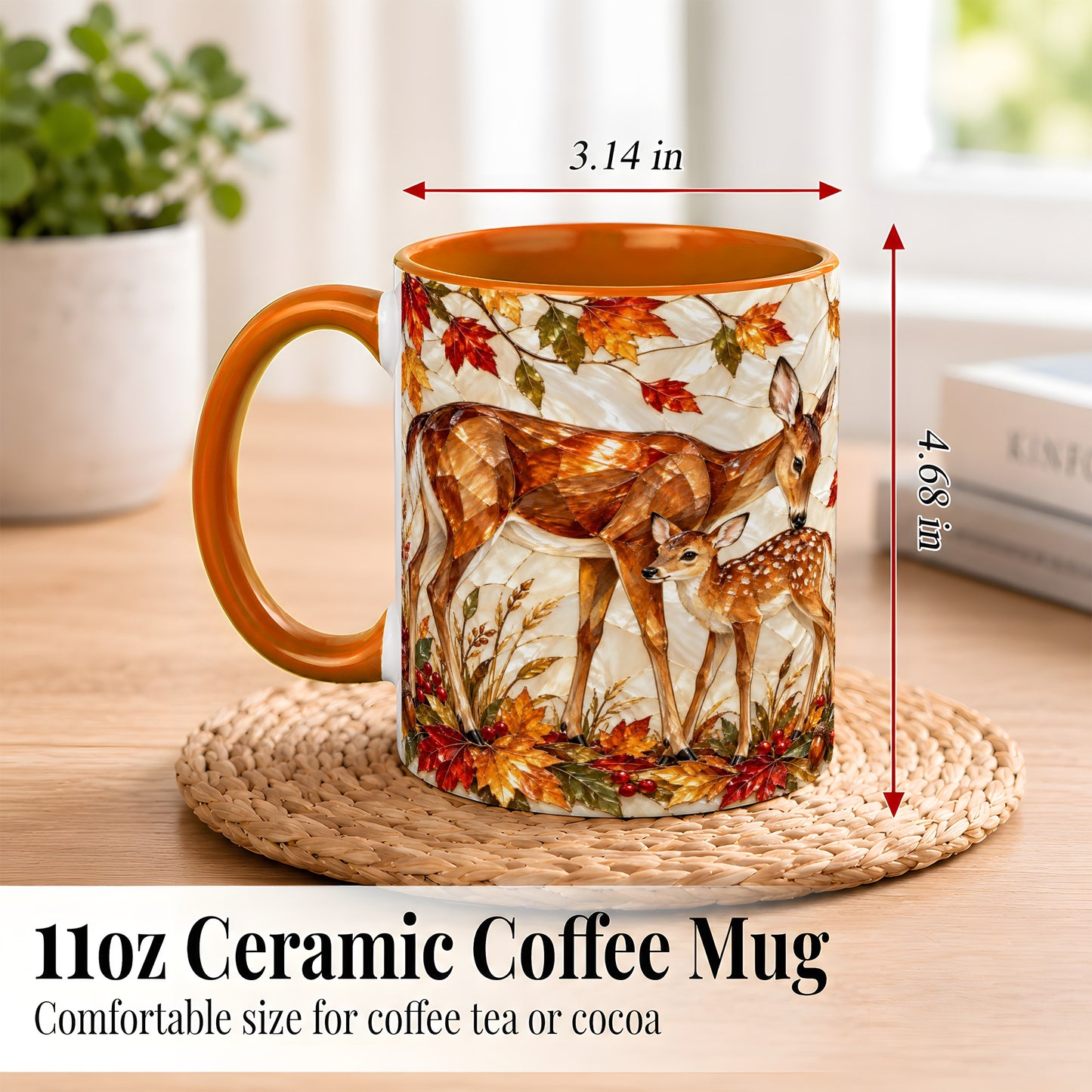 #pl[11oz|Orange] Stained Glass Deer Coffee Mug, Doe Fawn Fall Mug, Ceramic Cup