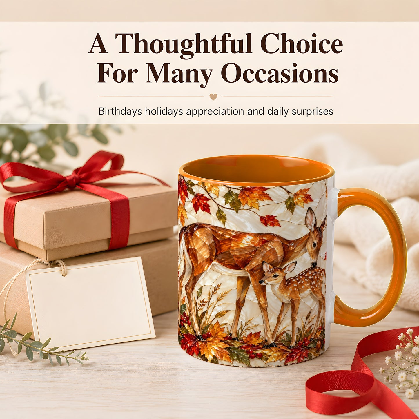 #pl[11oz|Orange] Stained Glass Deer Coffee Mug, Doe Fawn Fall Mug, Ceramic Cup