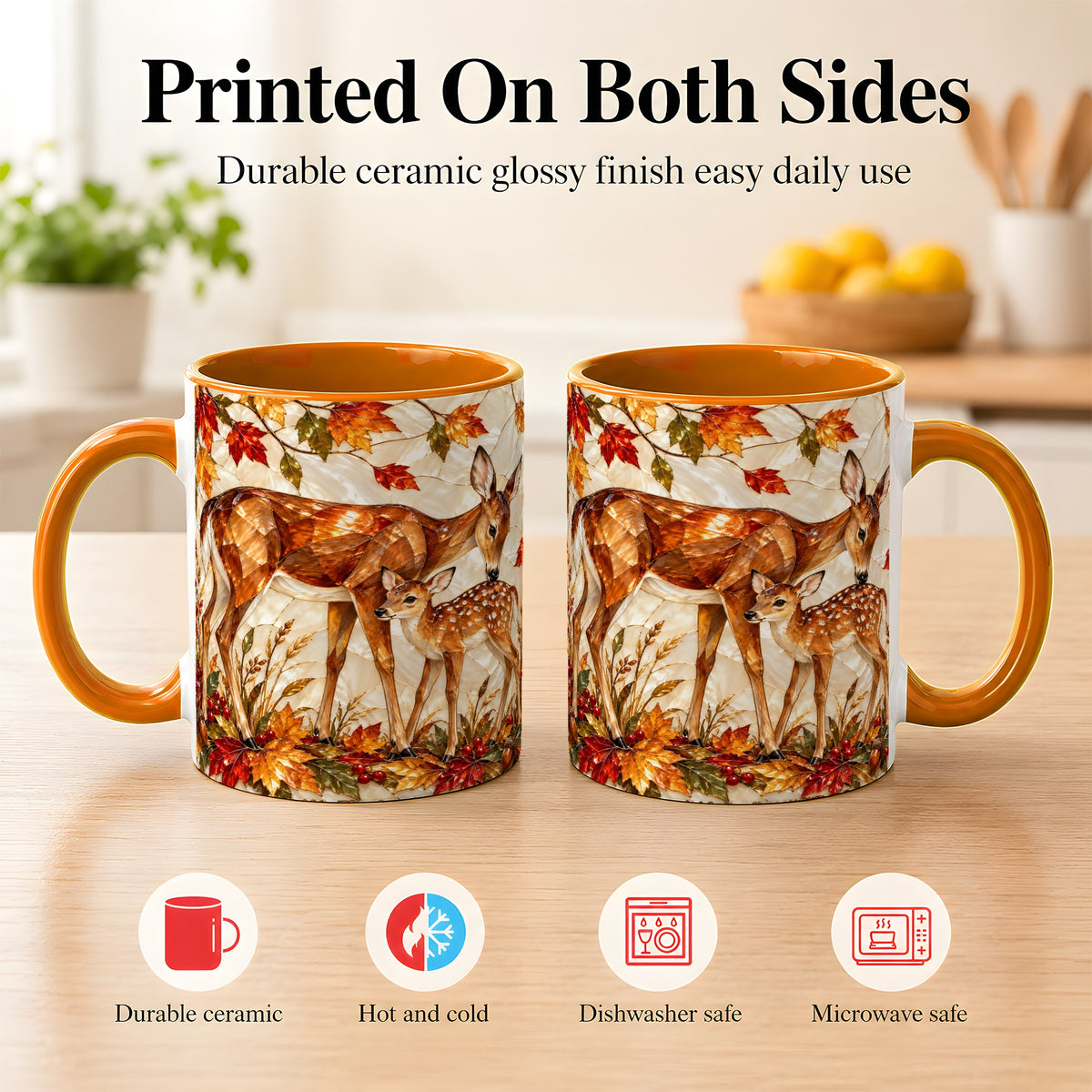 #pl[11oz|Orange] Stained Glass Deer Coffee Mug, Doe Fawn Fall Mug, Ceramic Cup