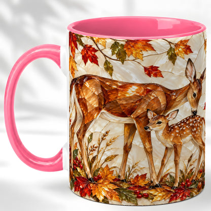 #pl[11oz|Pink] Stained Glass Deer Coffee Mug, Doe Fawn Fall Mug, Ceramic Cup