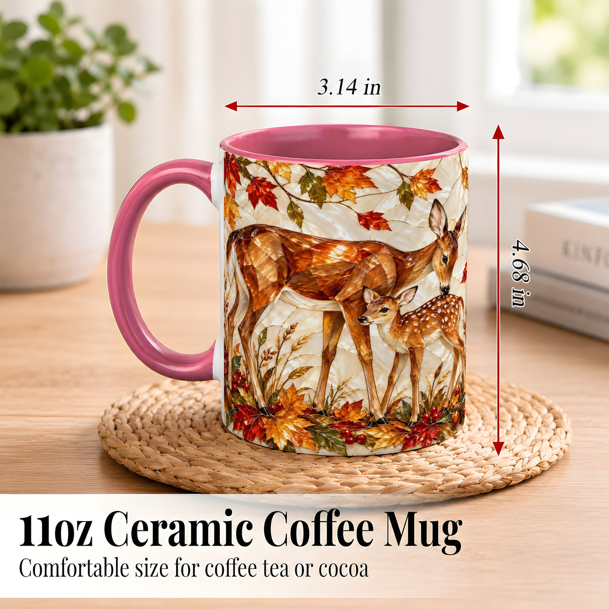 #pl[11oz|Pink] Stained Glass Deer Coffee Mug, Doe Fawn Fall Mug, Ceramic Cup