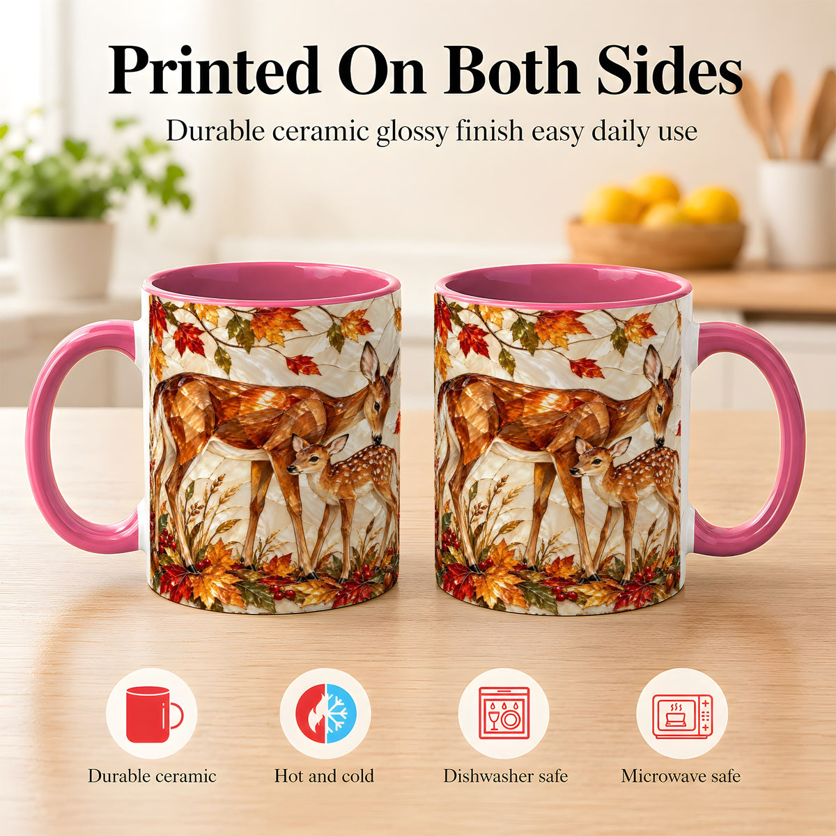 #pl[11oz|Pink] Stained Glass Deer Coffee Mug, Doe Fawn Fall Mug, Ceramic Cup