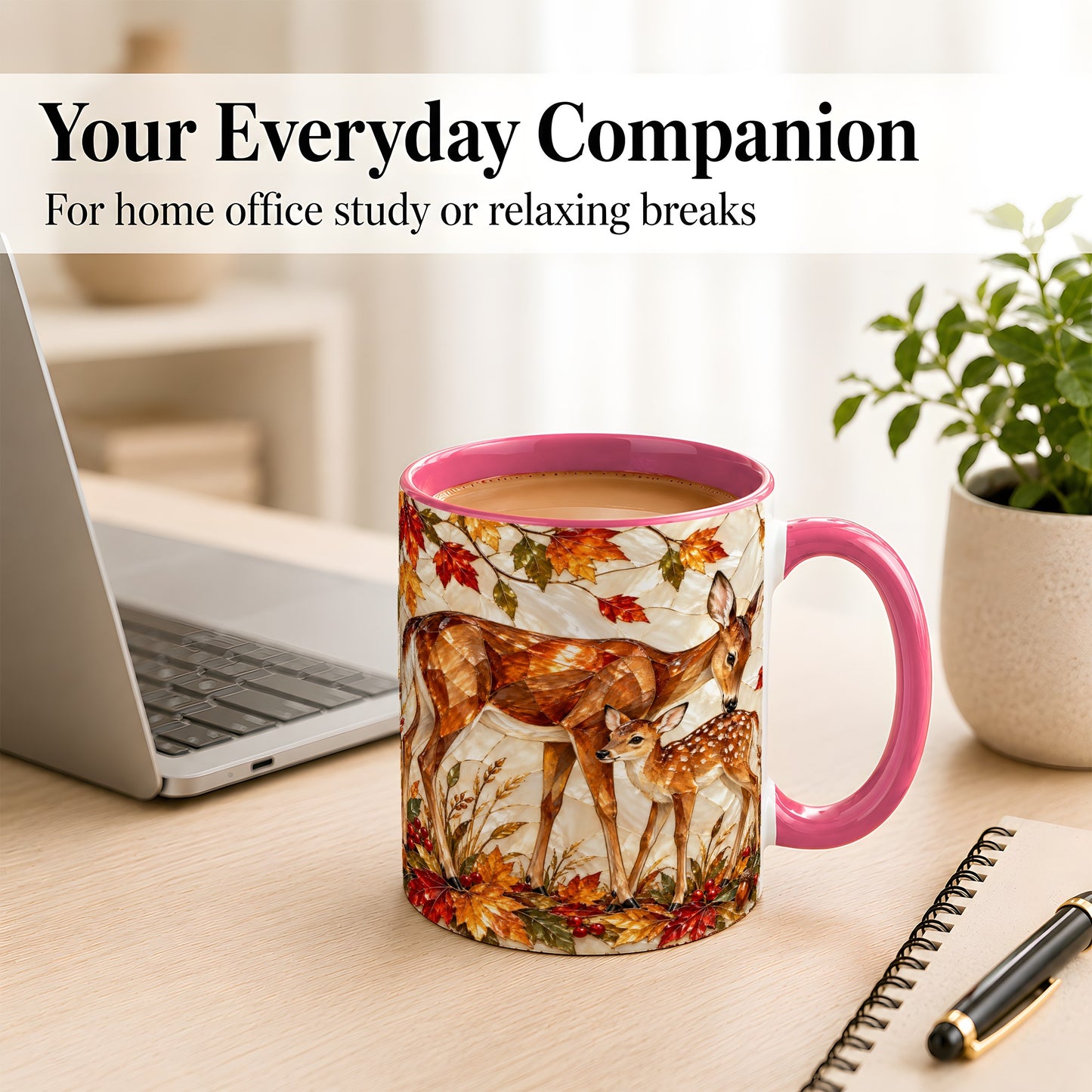 #pl[11oz|Pink] Stained Glass Deer Coffee Mug, Doe Fawn Fall Mug, Ceramic Cup