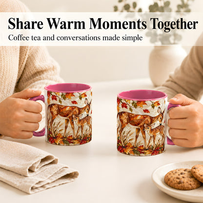 #pl[11oz|Pink] Stained Glass Deer Coffee Mug, Doe Fawn Fall Mug, Ceramic Cup