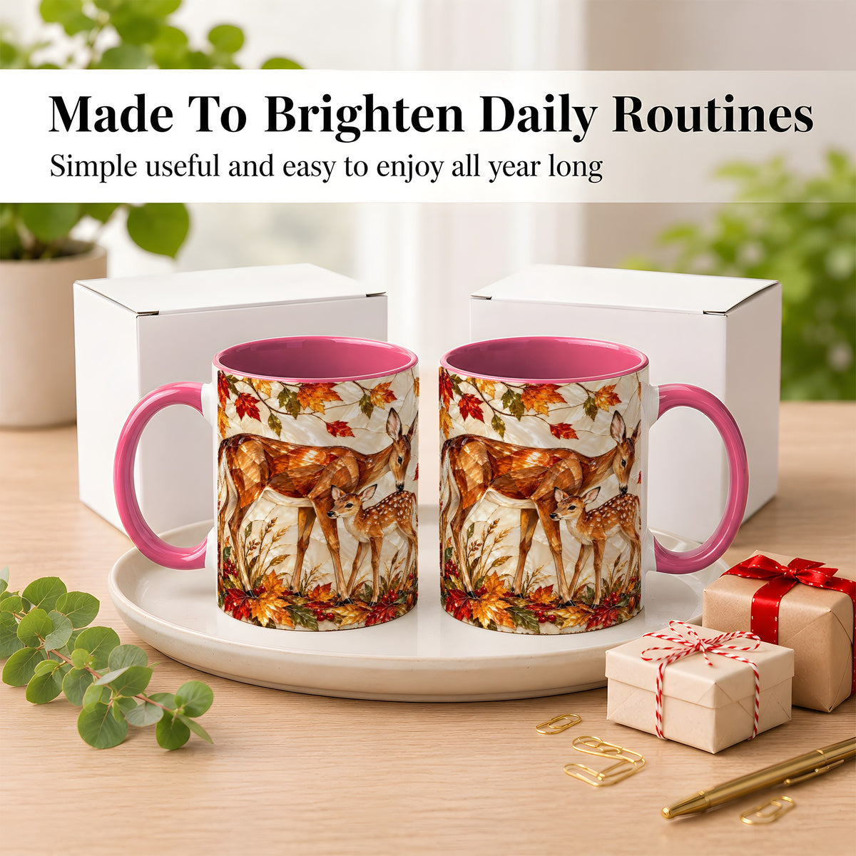 #pl[11oz|Pink] Stained Glass Deer Coffee Mug, Doe Fawn Fall Mug, Ceramic Cup