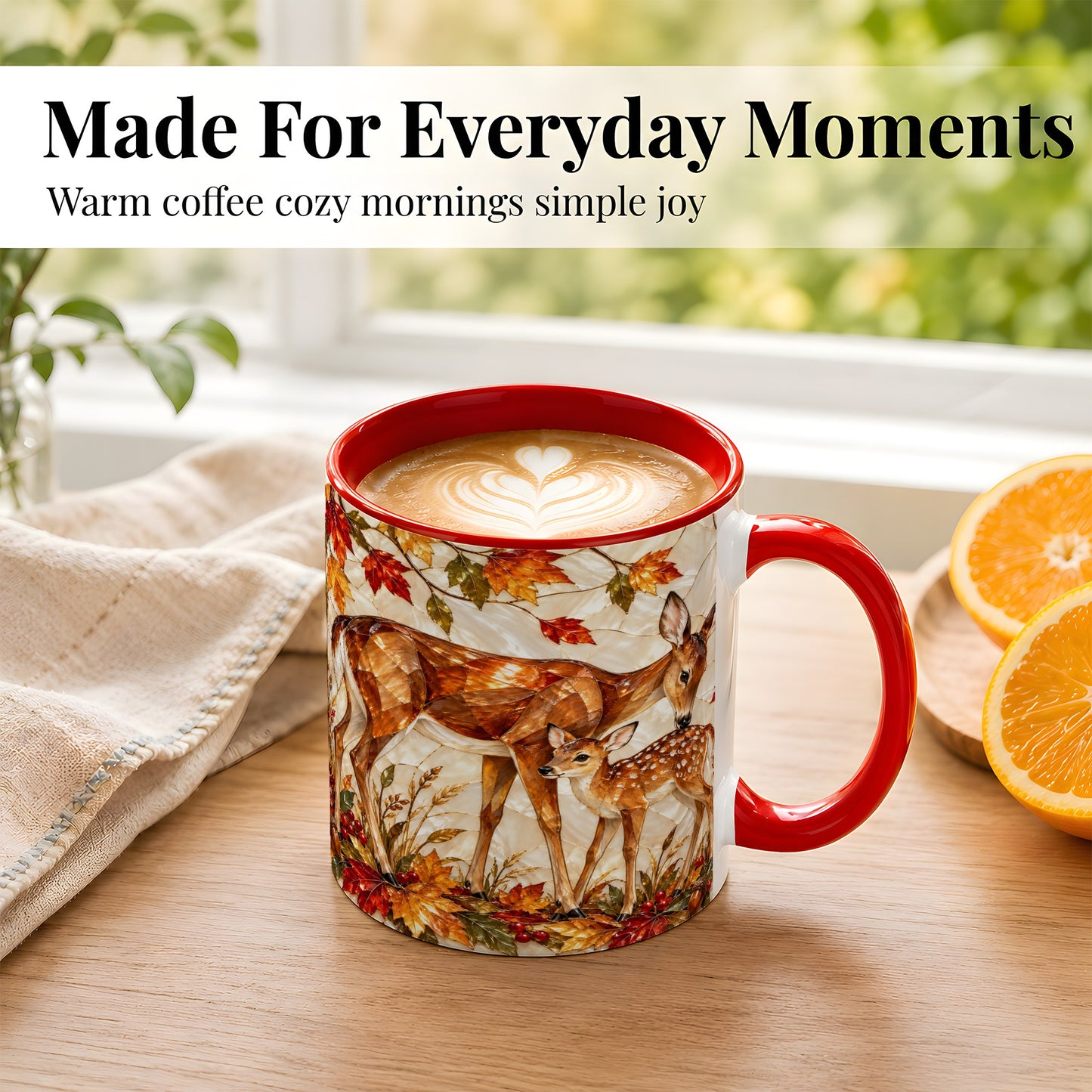 #pl[11oz|Red] Stained Glass Deer Coffee Mug, Doe Fawn Fall Mug, Ceramic Cup