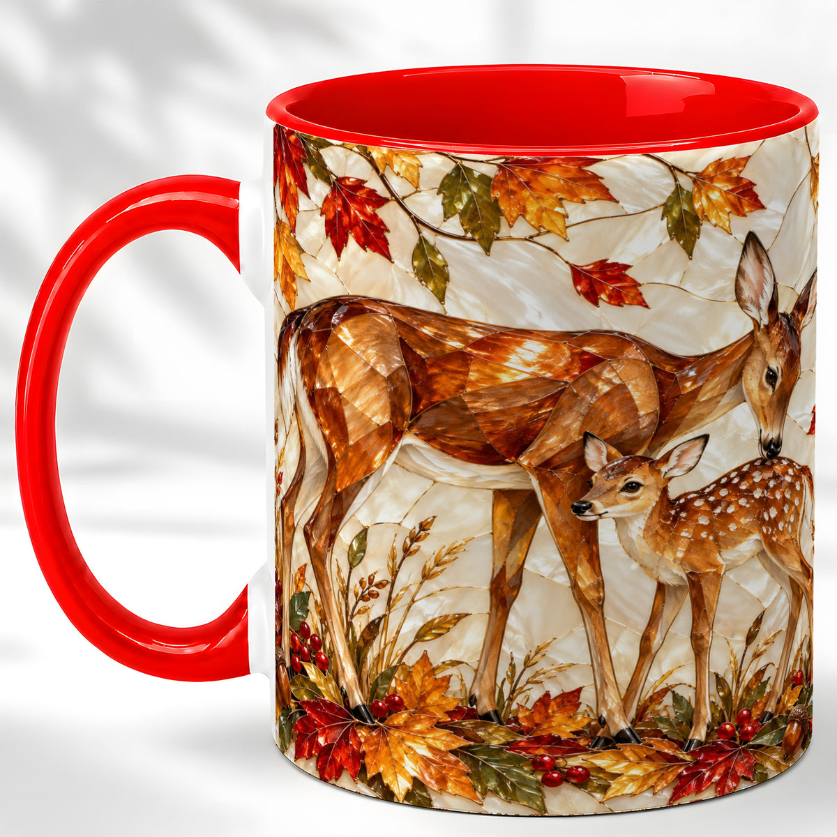 Stained Glass Deer Coffee Mug, Doe Fawn Fall Mug, Ceramic Cup