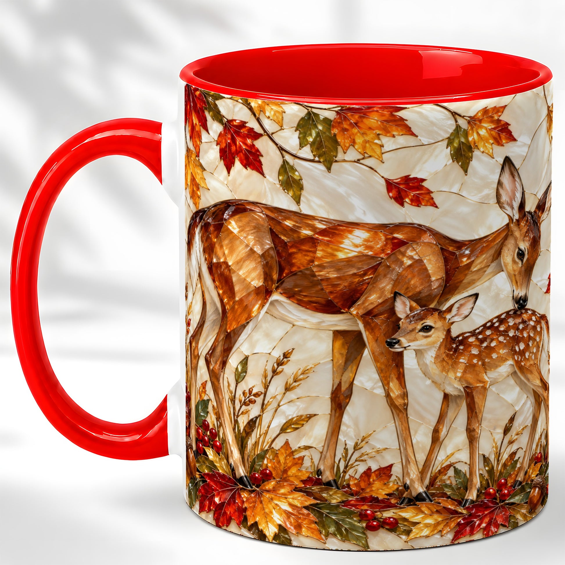 Stained Glass Deer Coffee Mug, Doe Fawn Fall Mug, Ceramic Cup