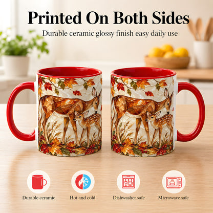 #pl[11oz|Red] Stained Glass Deer Coffee Mug, Doe Fawn Fall Mug, Ceramic Cup