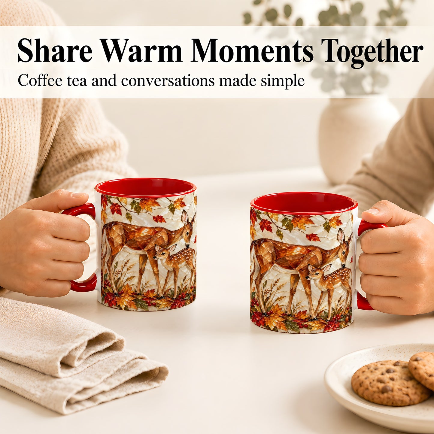 #pl[11oz|Red] Stained Glass Deer Coffee Mug, Doe Fawn Fall Mug, Ceramic Cup