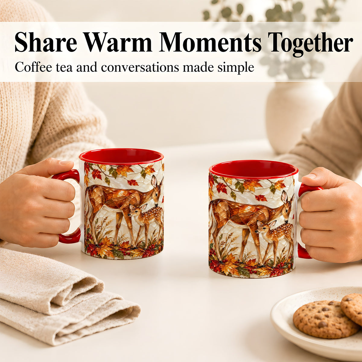 #pl[11oz|Red] Stained Glass Deer Coffee Mug, Doe Fawn Fall Mug, Ceramic Cup