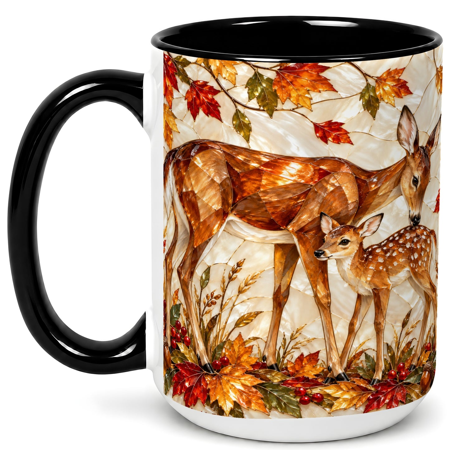 #pl[15oz|Black] Stained Glass Deer Coffee Mug, Doe Fawn Fall Mug, Ceramic Cup