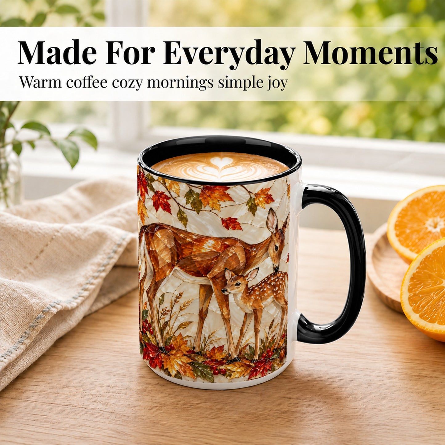 #pl[15oz|Black] Stained Glass Deer Coffee Mug, Doe Fawn Fall Mug, Ceramic Cup
