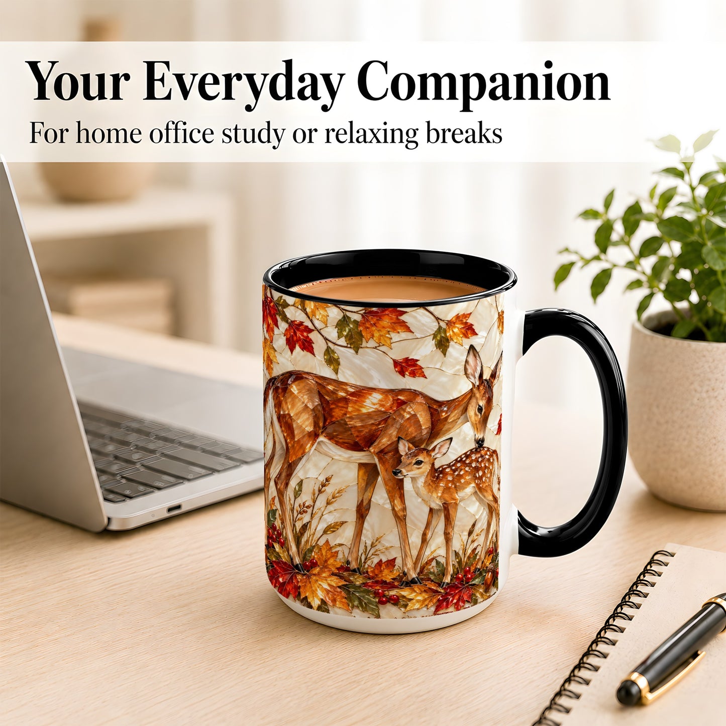 #pl[15oz|Black] Stained Glass Deer Coffee Mug, Doe Fawn Fall Mug, Ceramic Cup