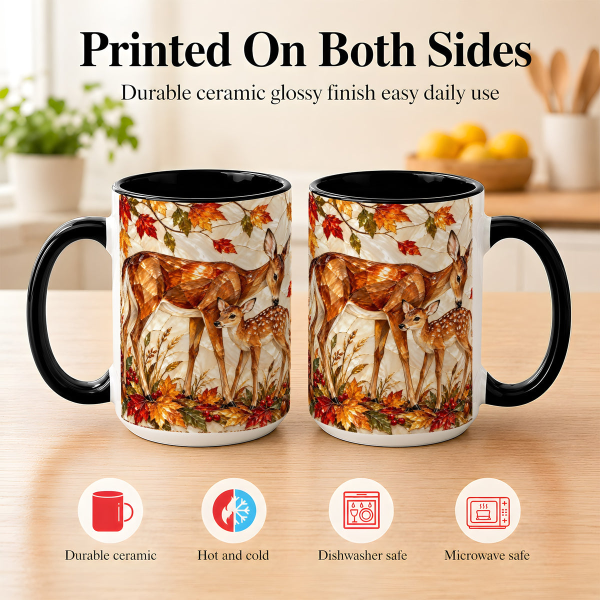 #pl[15oz|Black] Stained Glass Deer Coffee Mug, Doe Fawn Fall Mug, Ceramic Cup