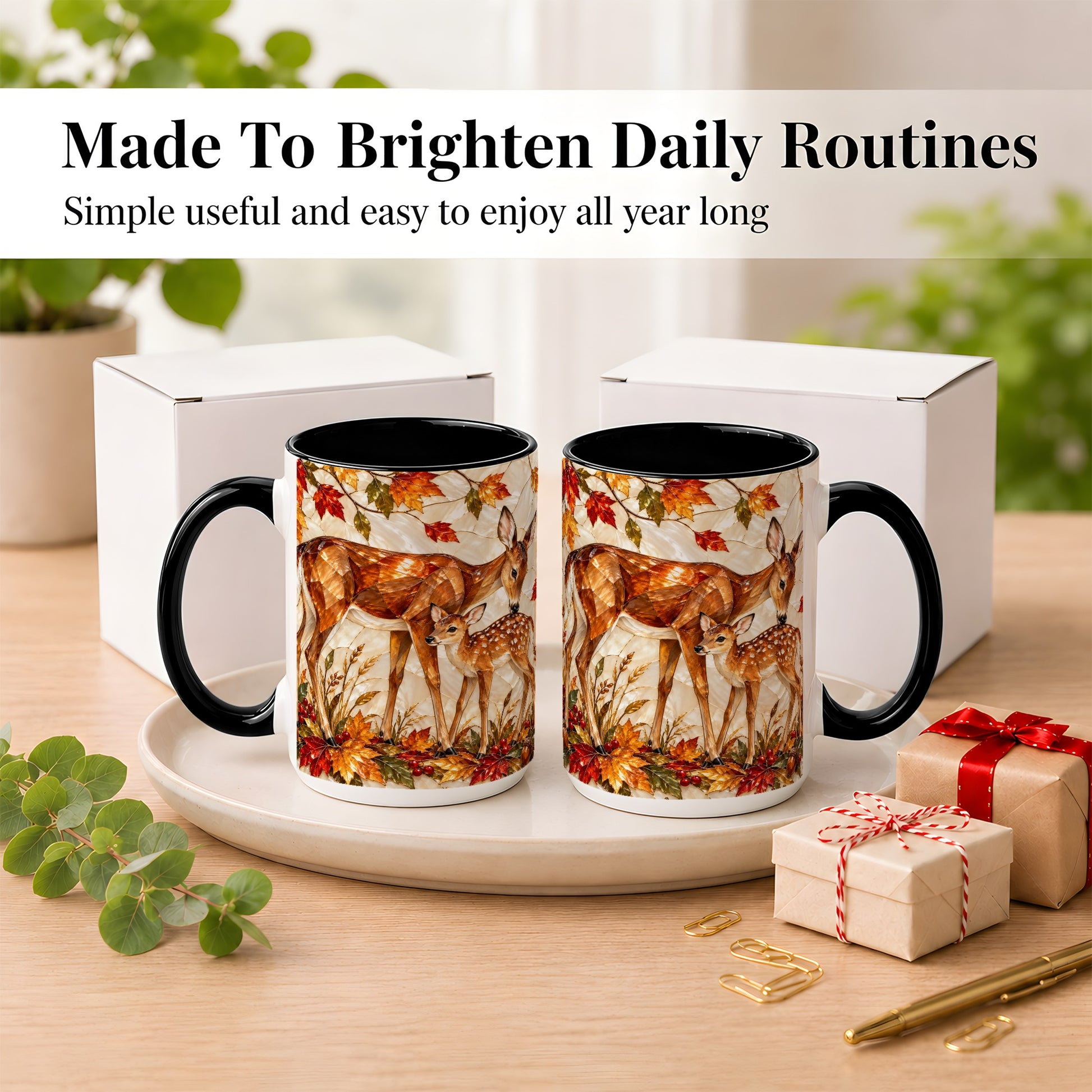 #pl[15oz|Black] Stained Glass Deer Coffee Mug, Doe Fawn Fall Mug, Ceramic Cup