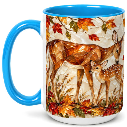 #pl[15oz|Blue] Stained Glass Deer Coffee Mug, Doe Fawn Fall Mug, Ceramic Cup