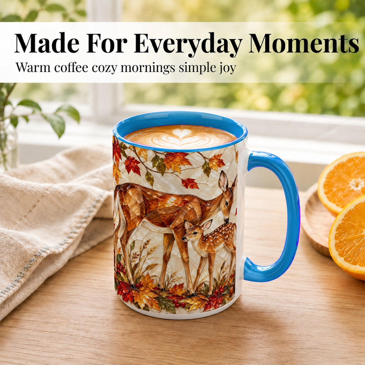 #pl[15oz|Blue] Stained Glass Deer Coffee Mug, Doe Fawn Fall Mug, Ceramic Cup