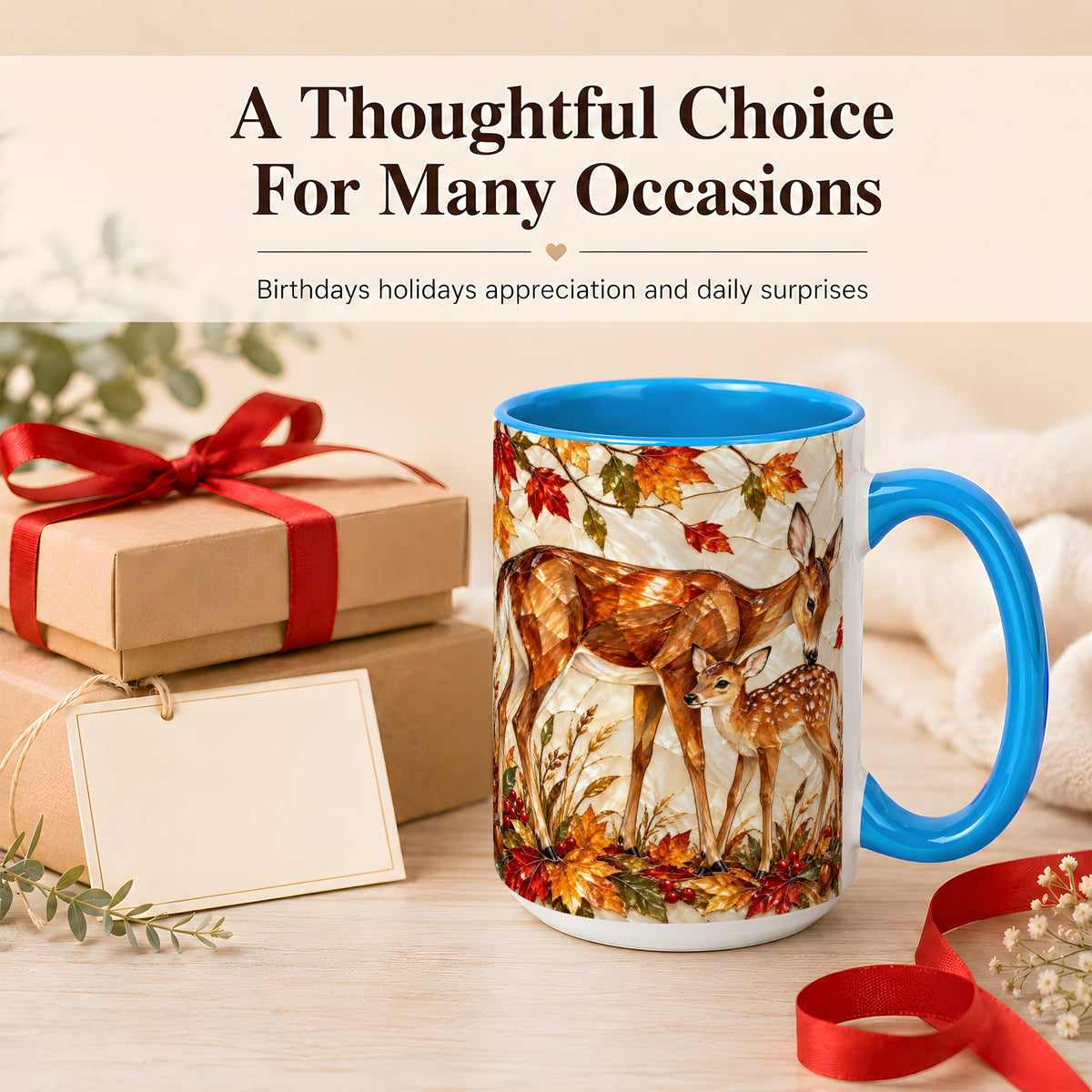 #pl[15oz|Blue] Stained Glass Deer Coffee Mug, Doe Fawn Fall Mug, Ceramic Cup