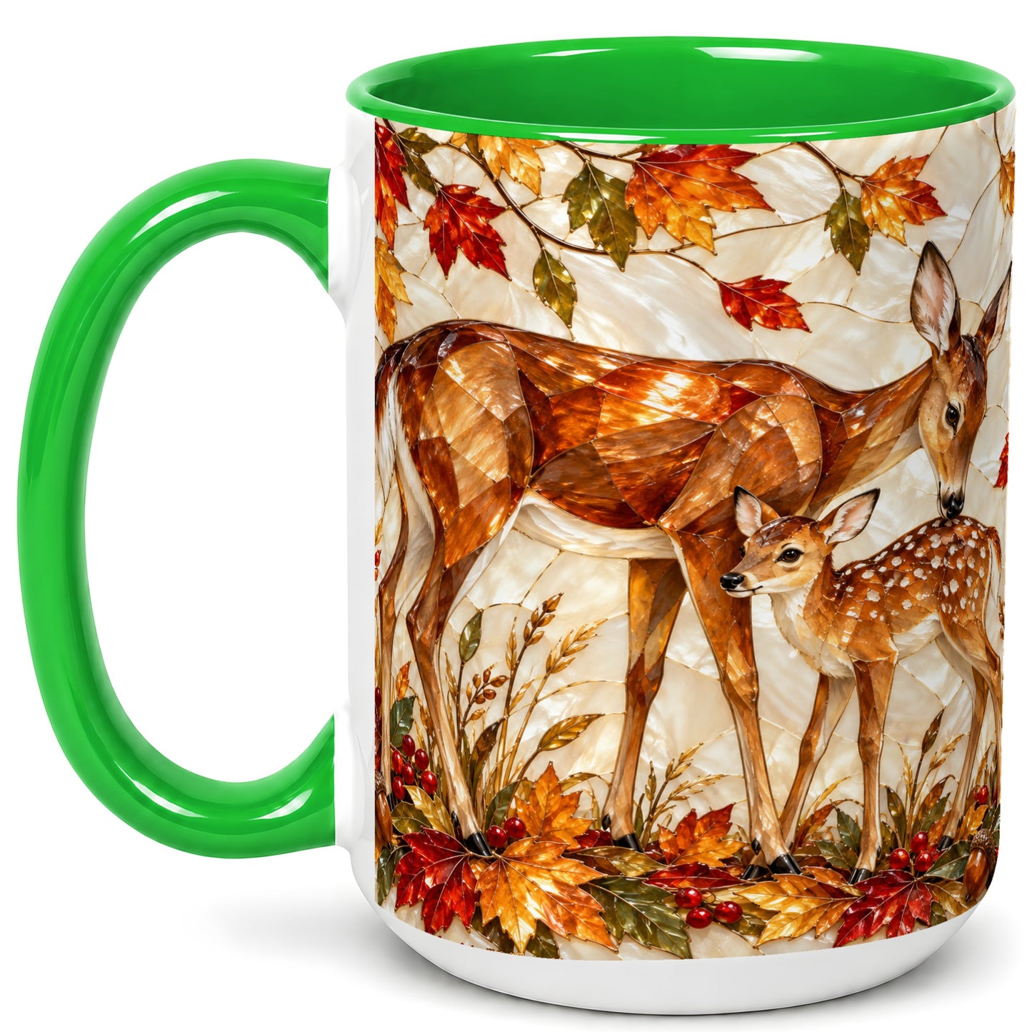 #pl[15oz|Green] Stained Glass Deer Coffee Mug, Doe Fawn Fall Mug, Ceramic Cup