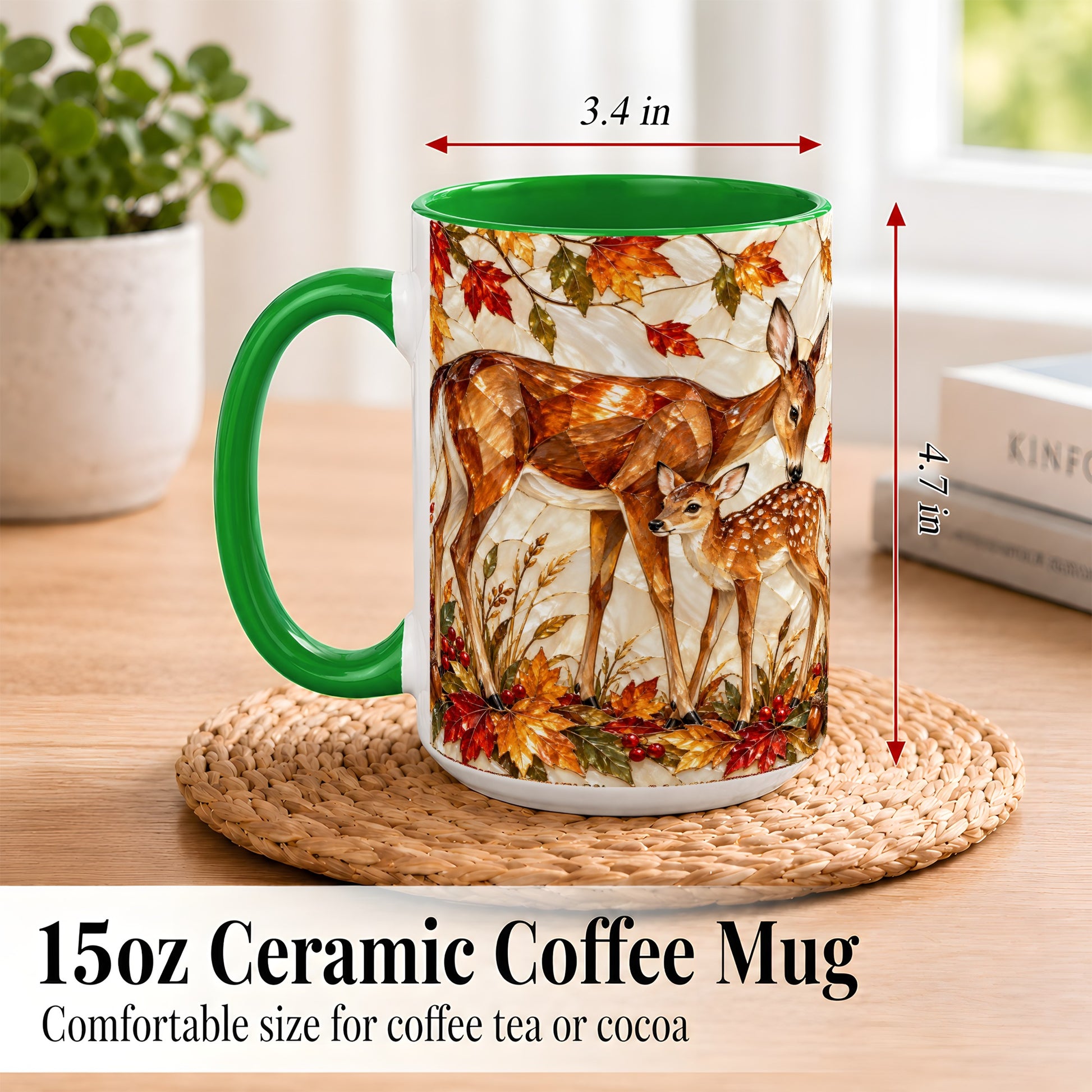 #pl[15oz|Green] Stained Glass Deer Coffee Mug, Doe Fawn Fall Mug, Ceramic Cup